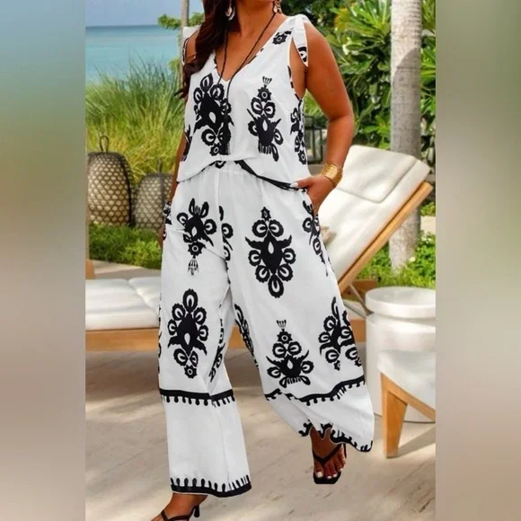 Elegant Curvy Bohemian Knot Shoulder Top Wide Leg Pants Two Piece Set - Picture 3 of 5